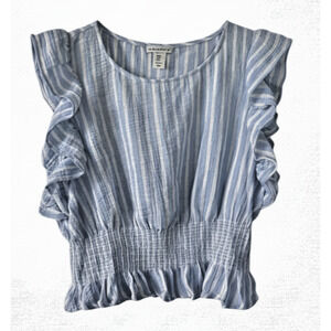 Womens Flutter Sleeve Top Blue White Stripes Smocked Waist L Cupcakes & Cashmere